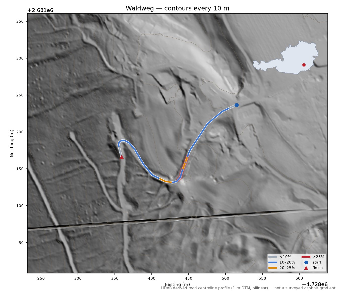 Waldweg LiDAR hillshade map with contours