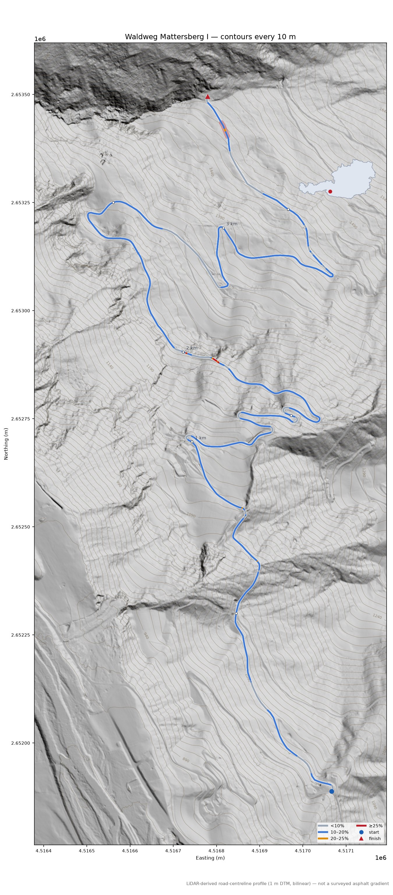 Waldweg Mattersberg I LiDAR hillshade map with contours