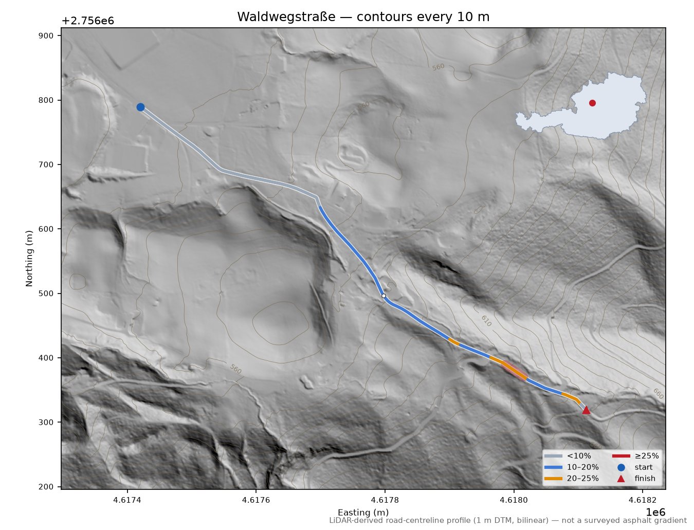 Waldwegstraße LiDAR hillshade map with contours