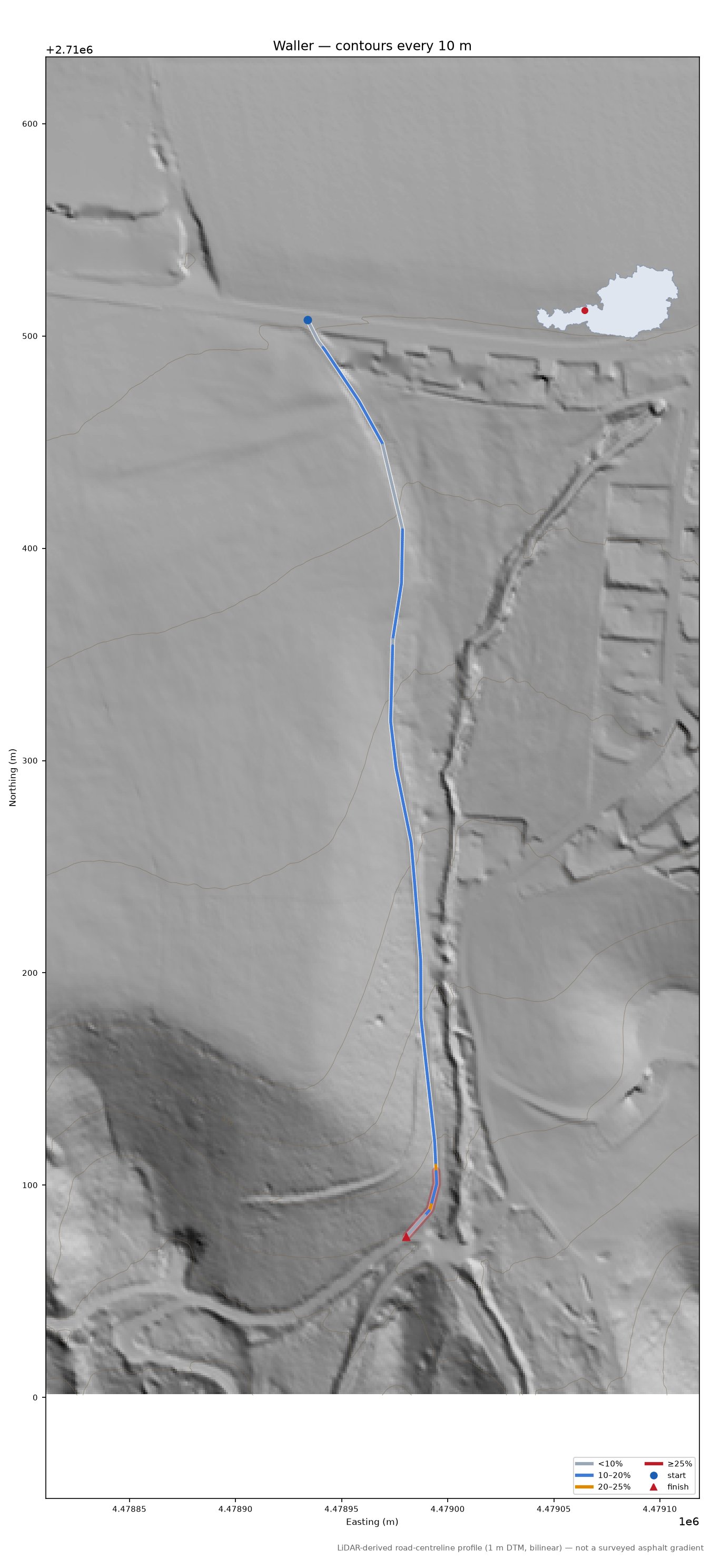 Waller LiDAR hillshade map with contours