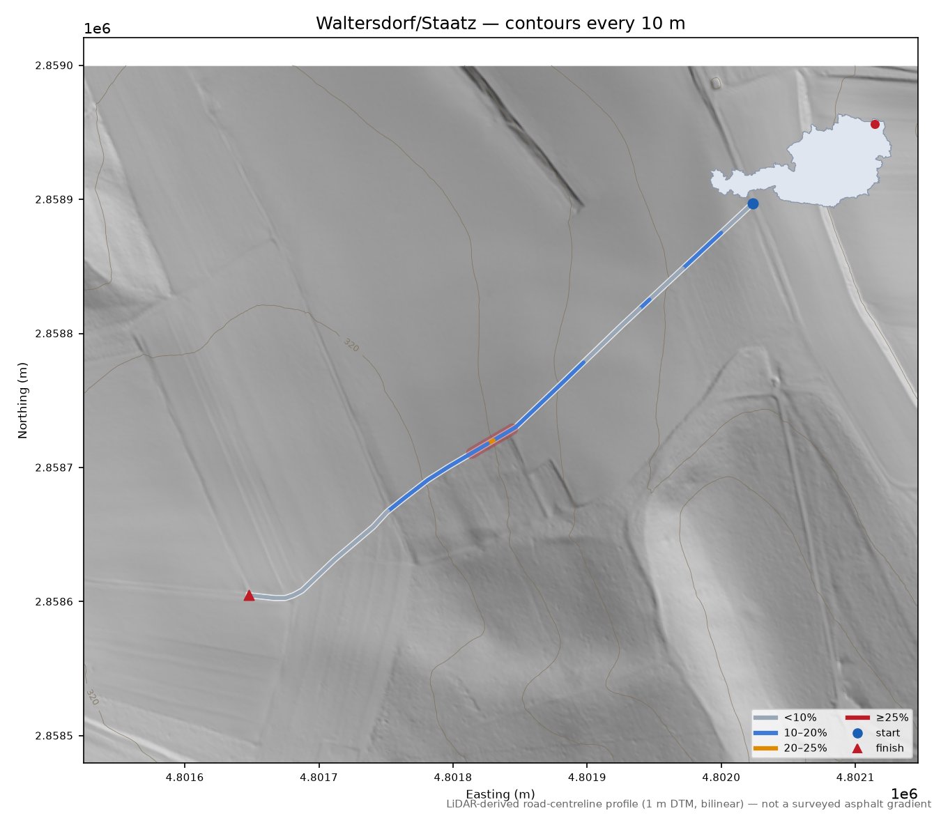Waltersdorf/Staatz LiDAR hillshade map with contours