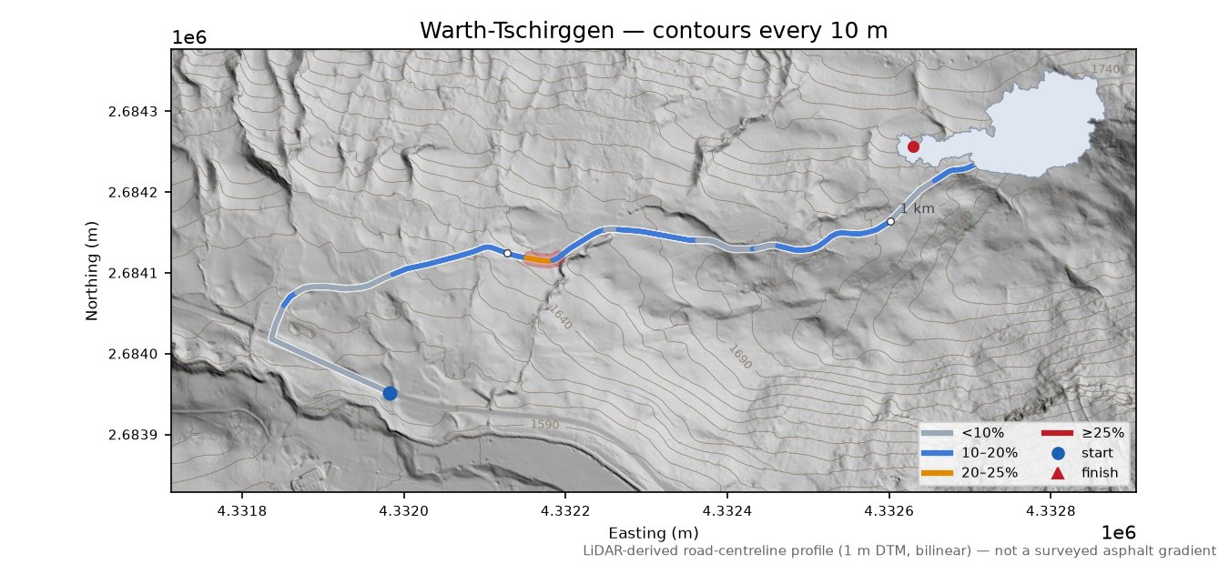 Warth-Tschirggen LiDAR hillshade map with contours