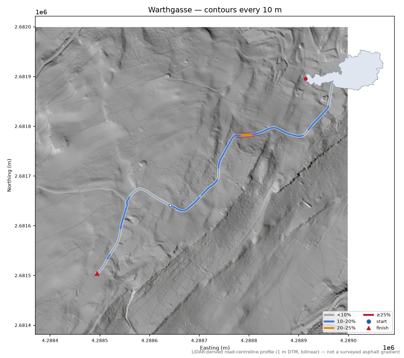 Warthgasse LiDAR hillshade map with contours