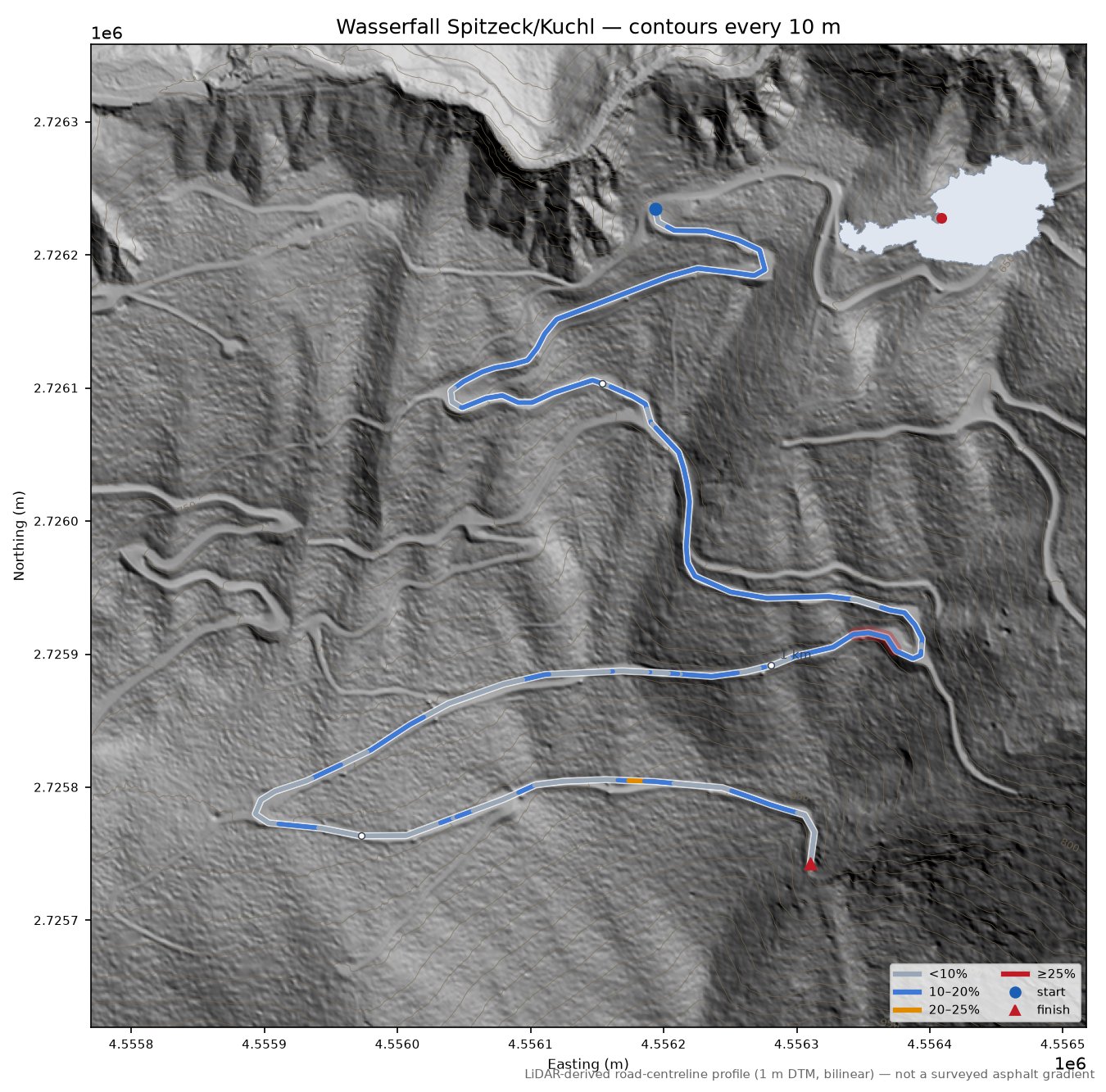 Wasserfall Spitzeck/Kuchl LiDAR hillshade map with contours