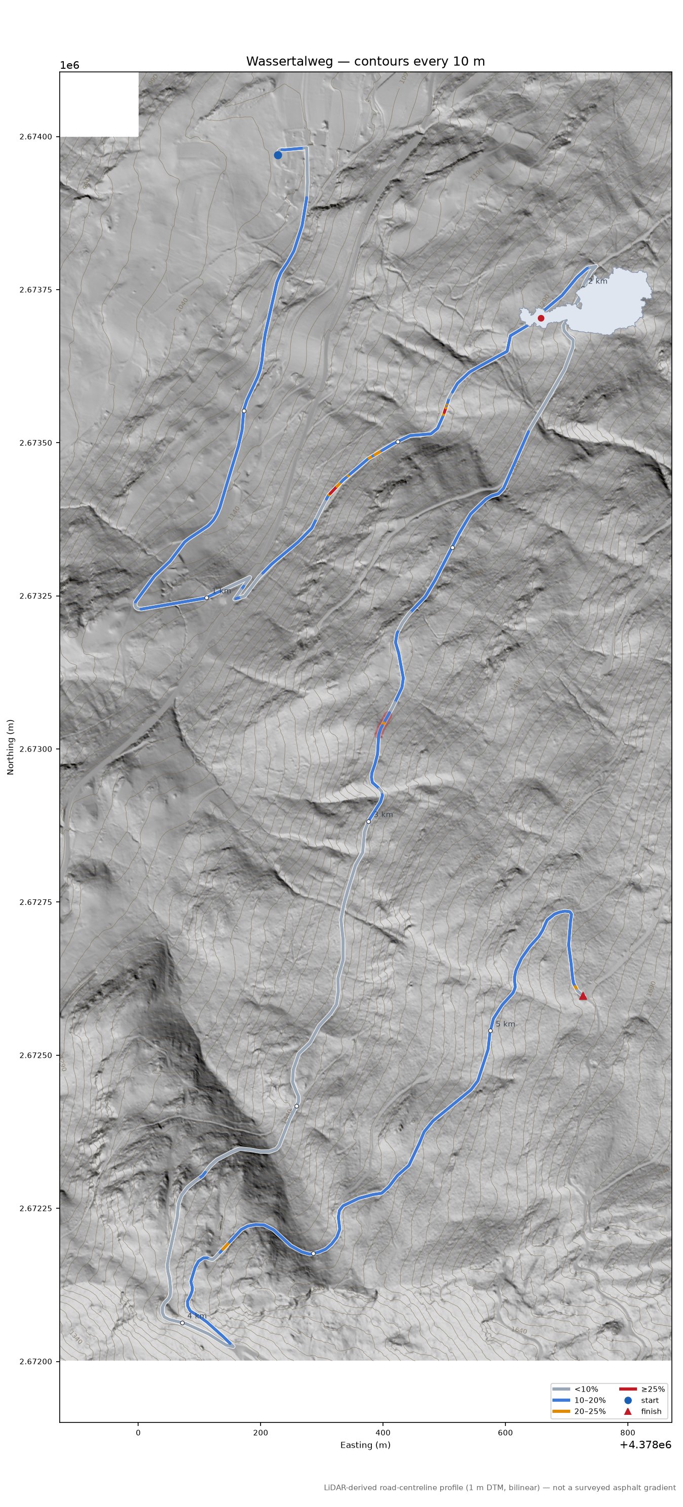 Wassertalweg LiDAR hillshade map with contours