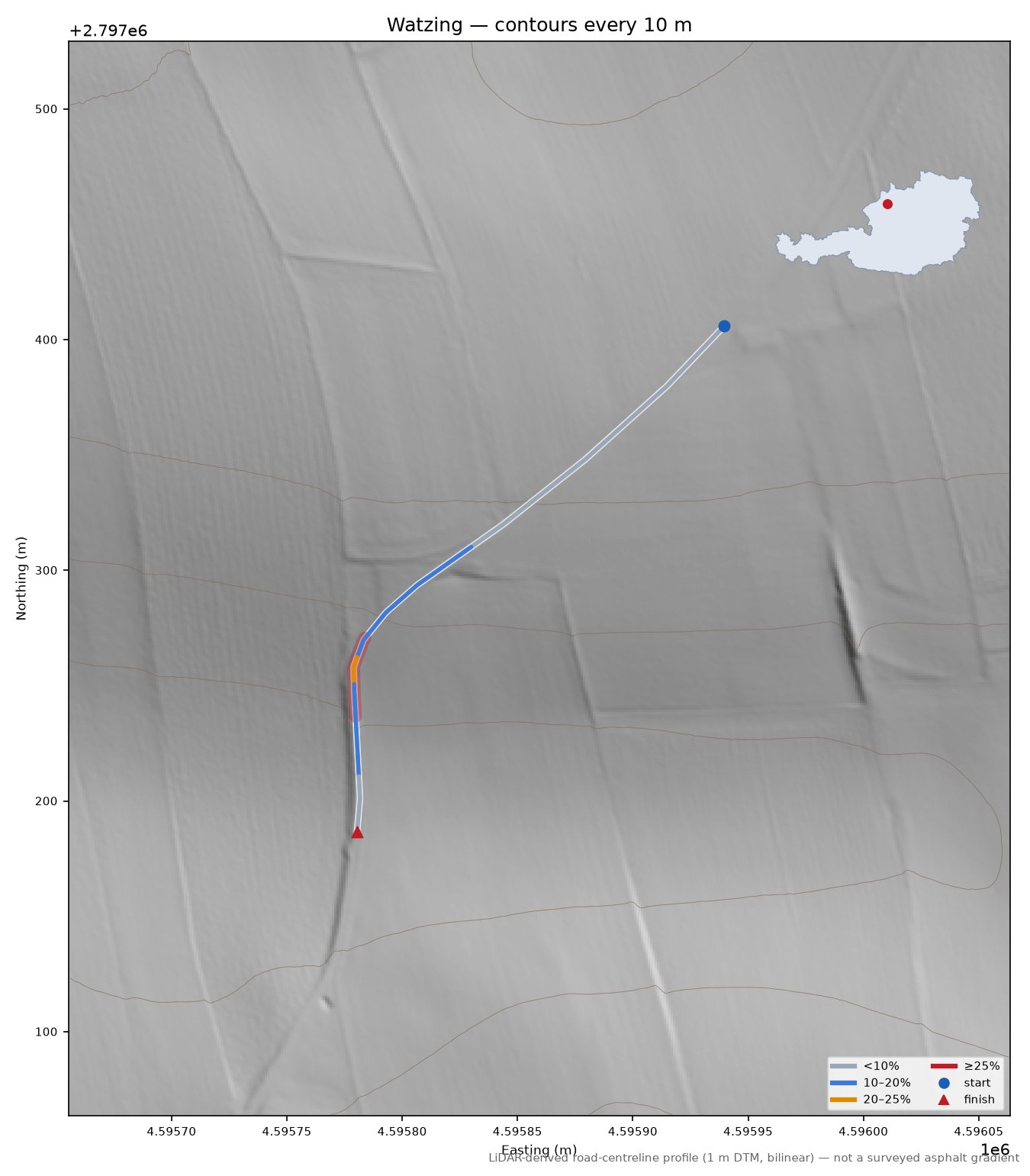 Watzing LiDAR hillshade map with contours