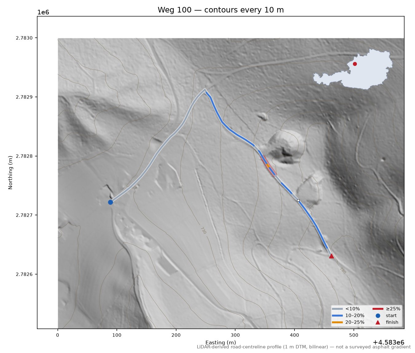 Weg 100 LiDAR hillshade map with contours