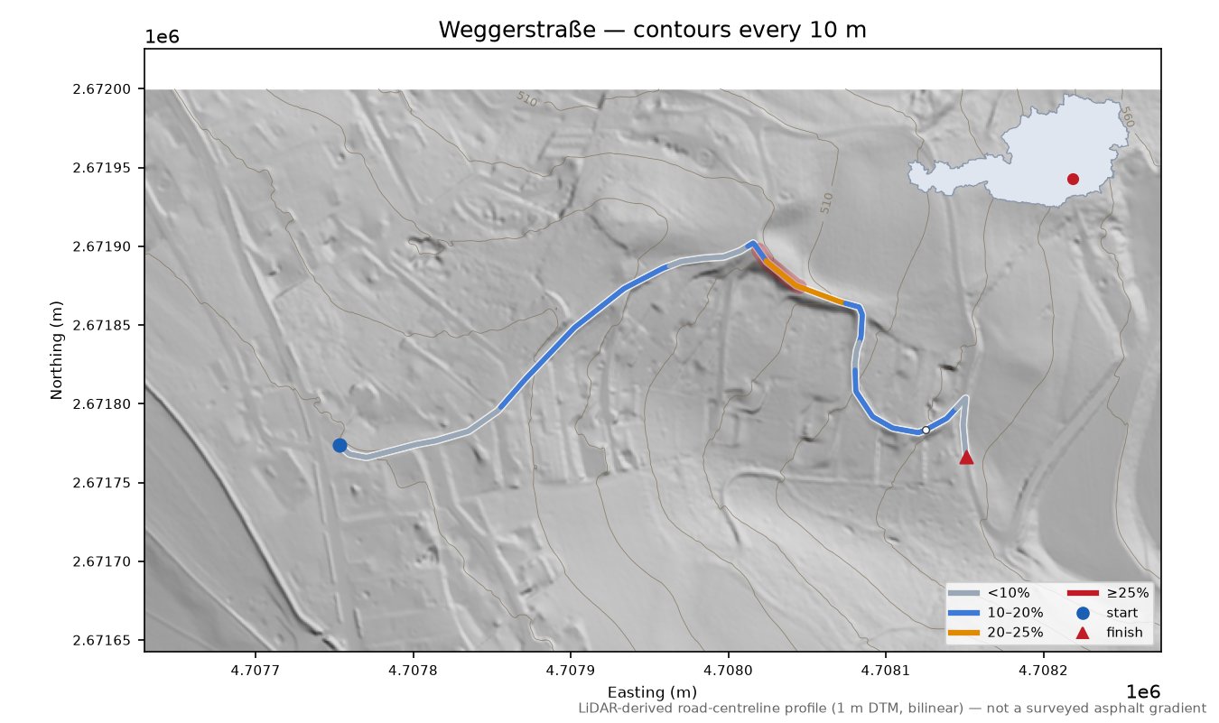 Weggerstraße LiDAR hillshade map with contours