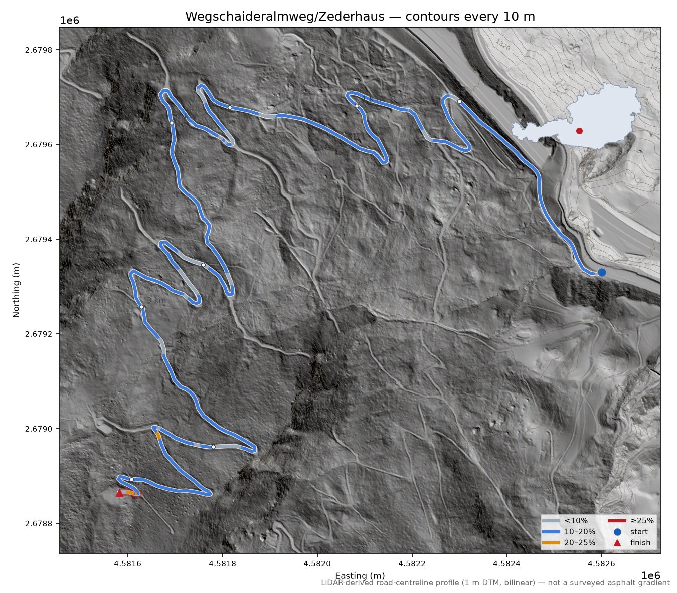 Wegschaideralmweg/Zederhaus LiDAR hillshade map with contours