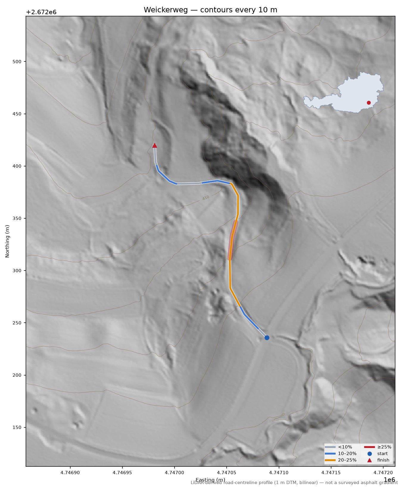 Weickerweg LiDAR hillshade map with contours