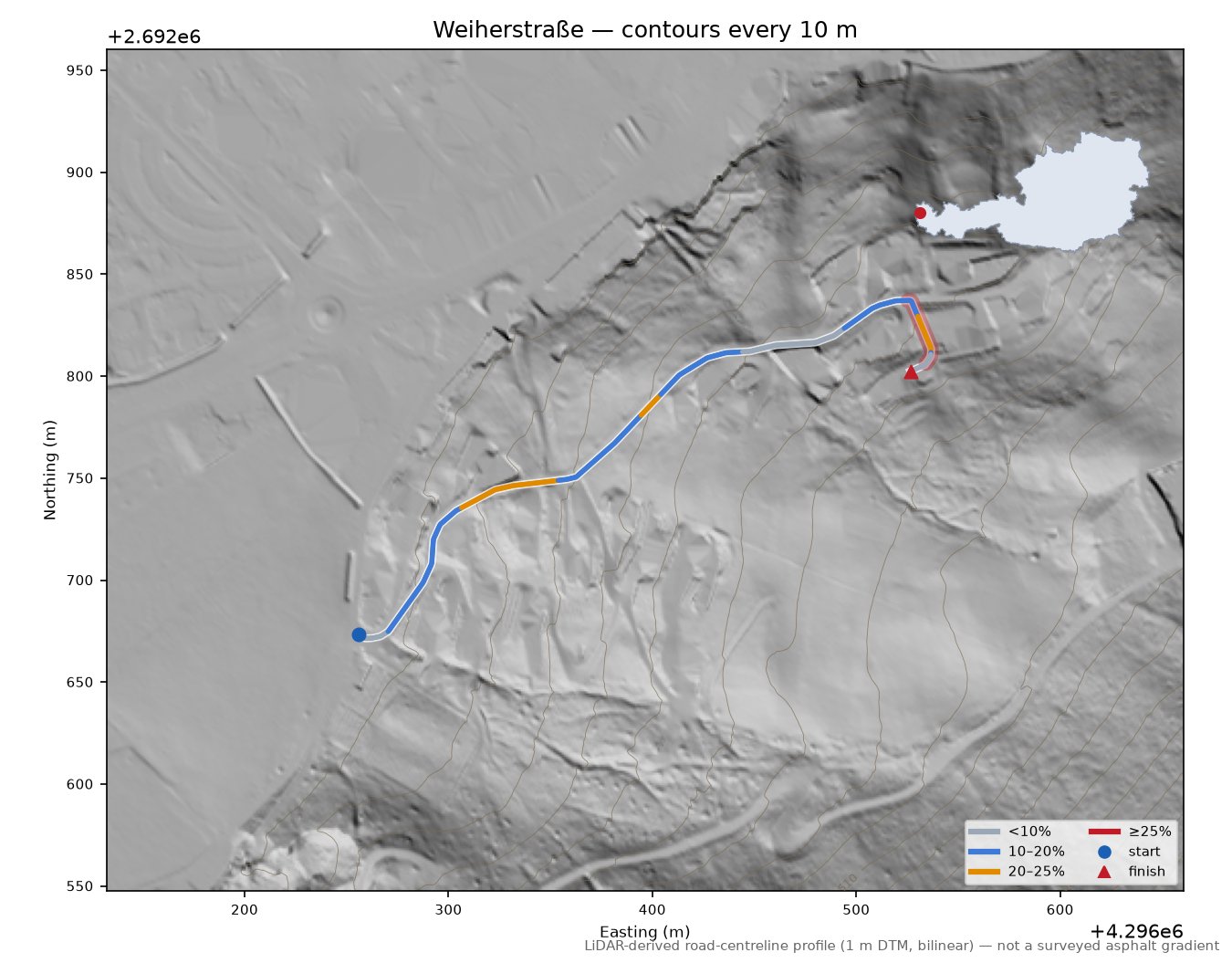 Weiherstraße LiDAR hillshade map with contours