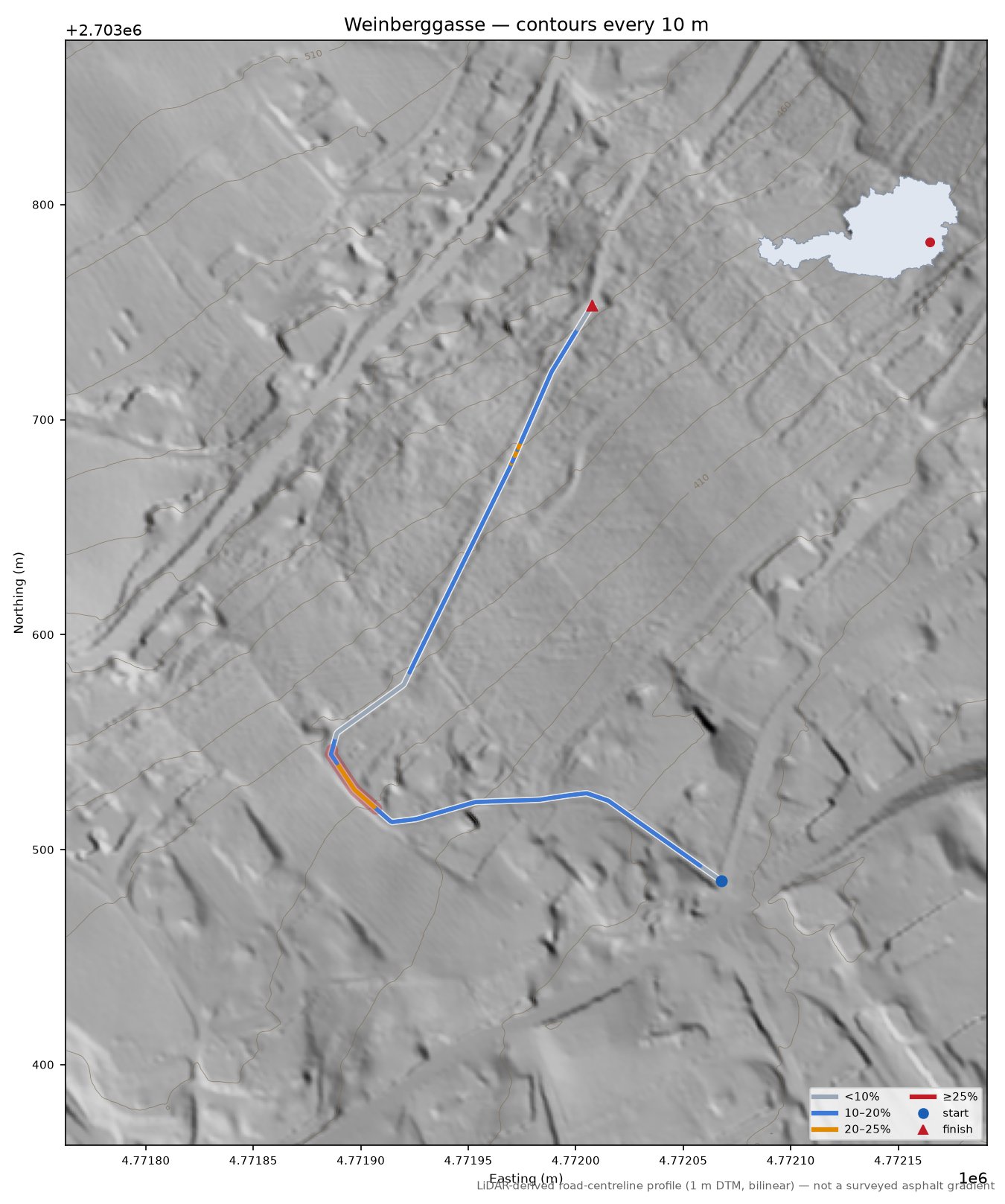 Weinberggasse LiDAR hillshade map with contours