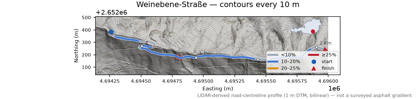 Weinebene-Straße LiDAR hillshade map with contours