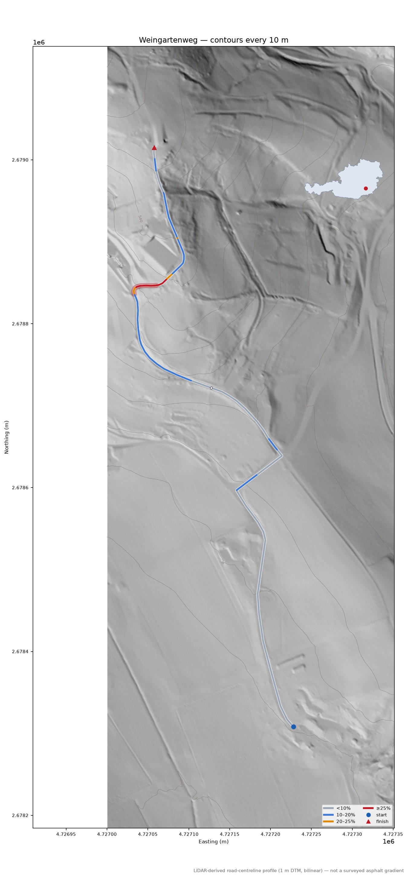 Weingartenweg LiDAR hillshade map with contours