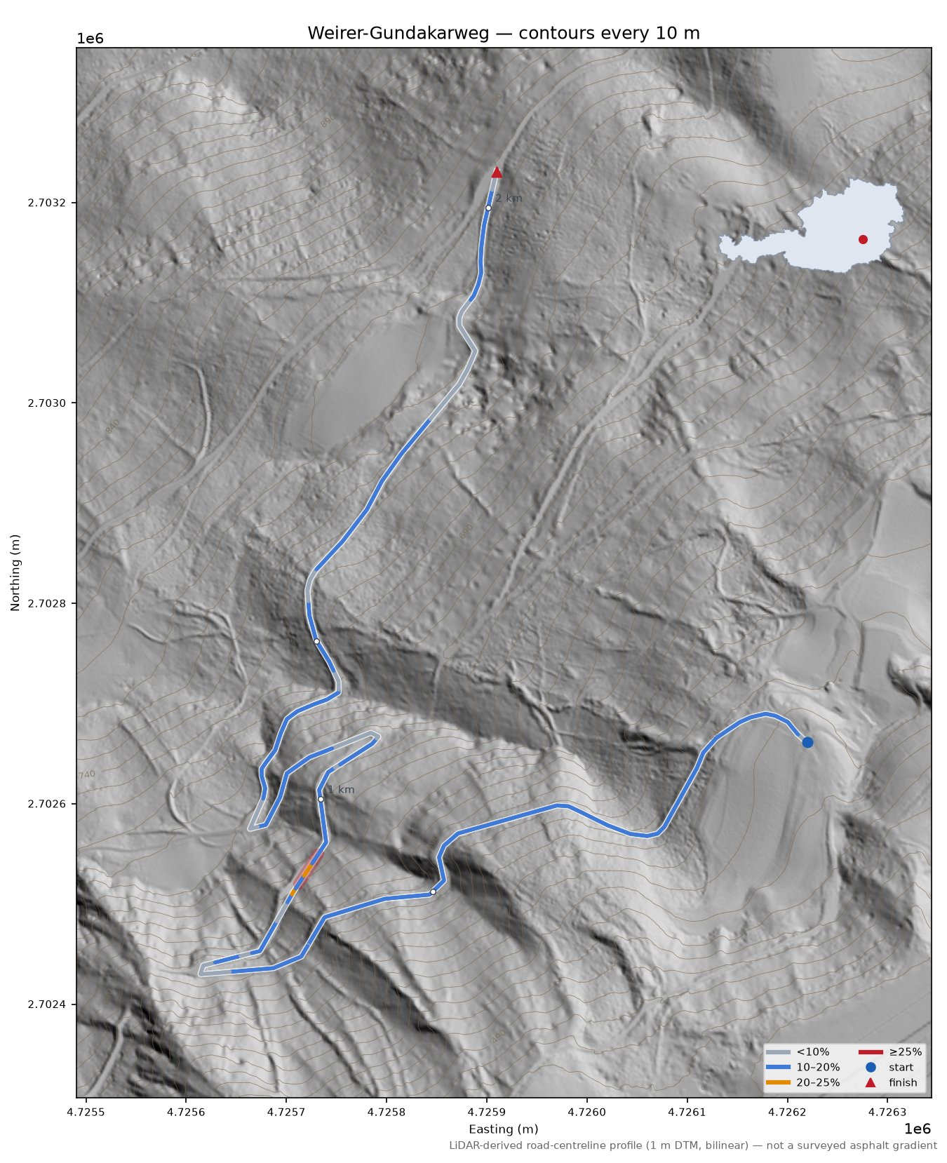 Weirer-Gundakarweg LiDAR hillshade map with contours