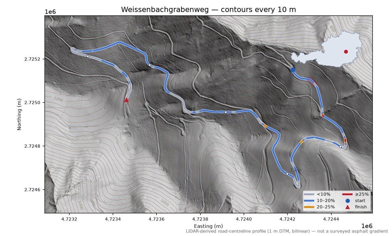 Weissenbachgrabenweg LiDAR hillshade map with contours