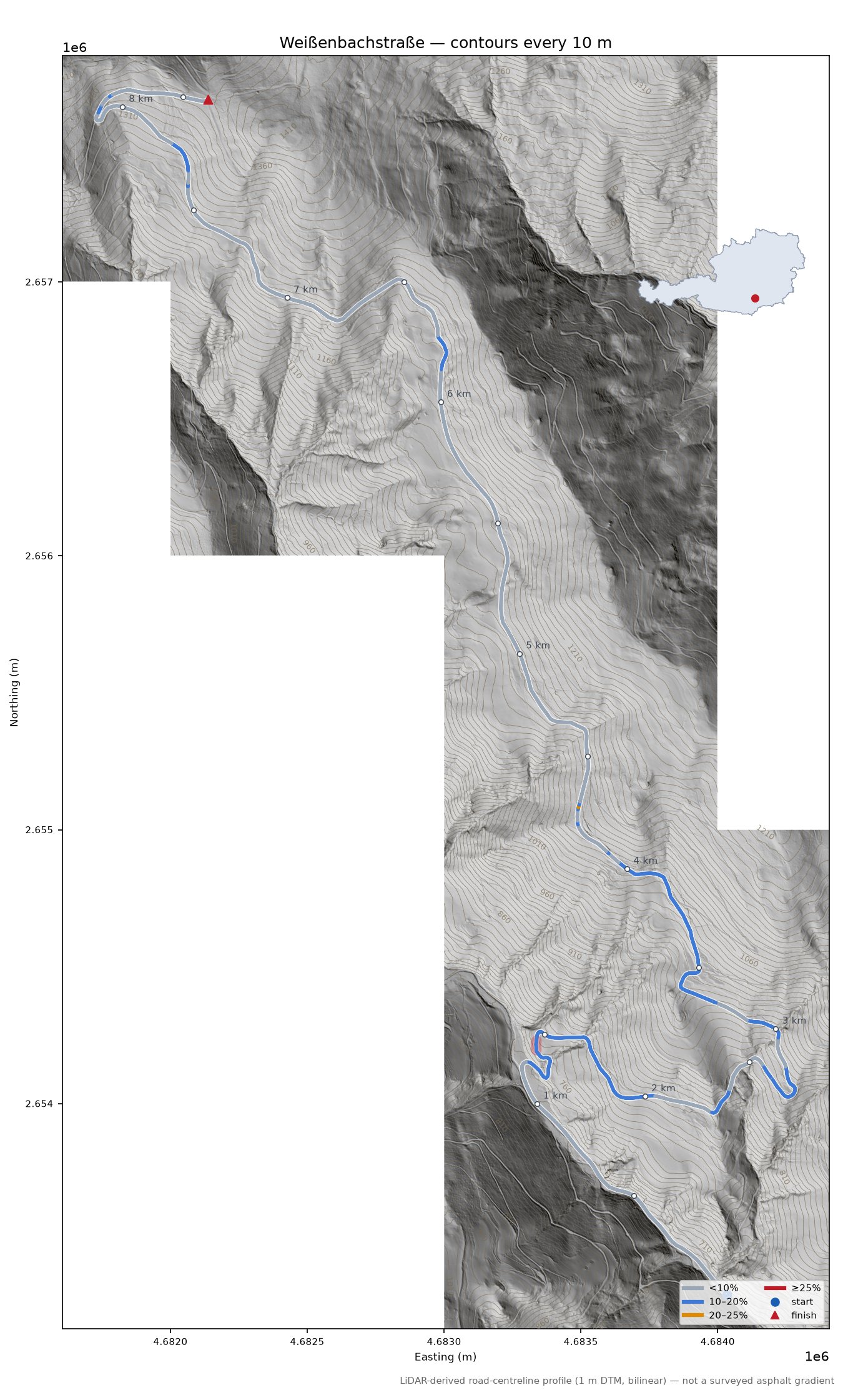 Weißenbachstraße LiDAR hillshade map with contours
