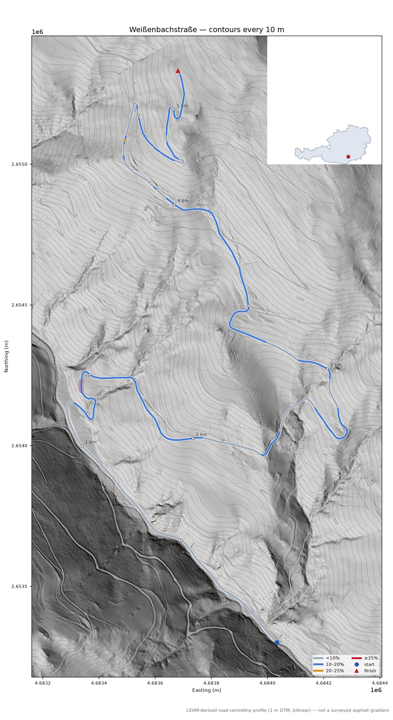 Weißenbachstraße LiDAR hillshade map with contours