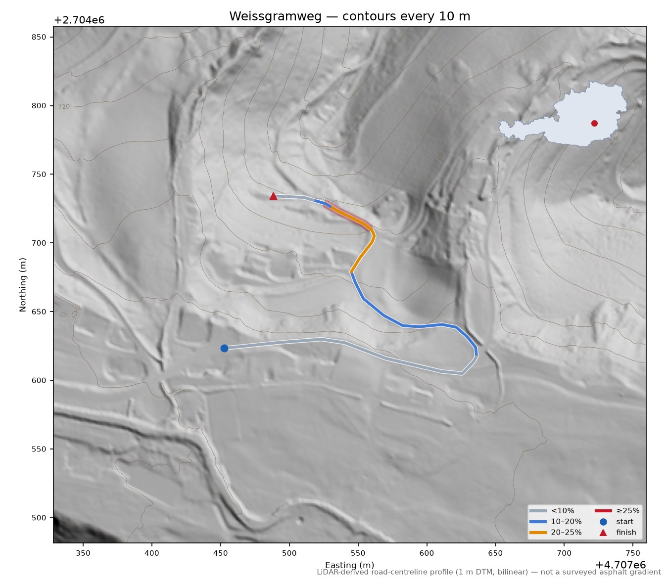 Weissgramweg LiDAR hillshade map with contours