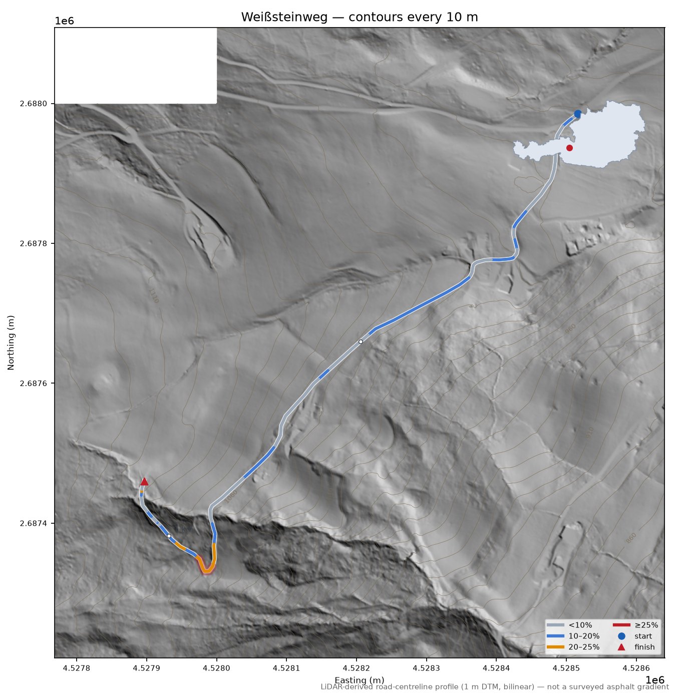 Weißsteinweg LiDAR hillshade map with contours