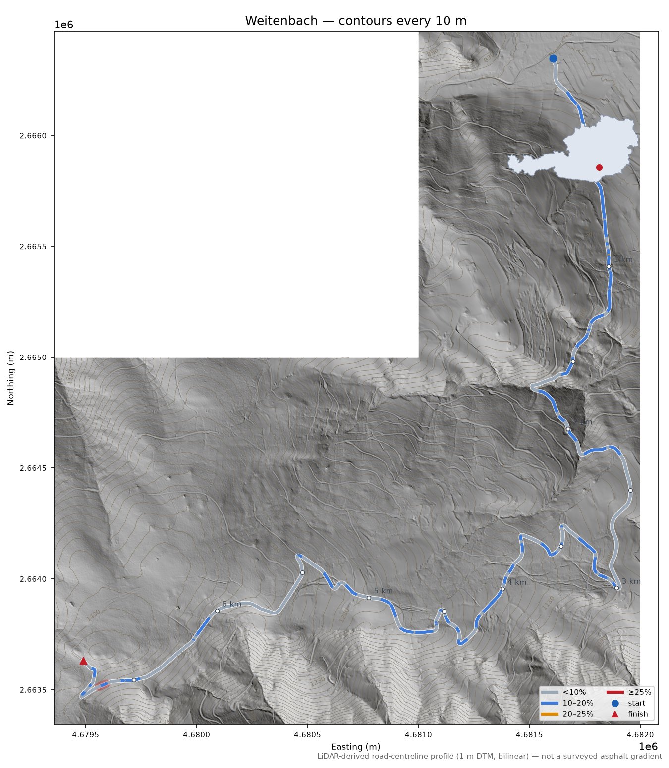 Weitenbach LiDAR hillshade map with contours