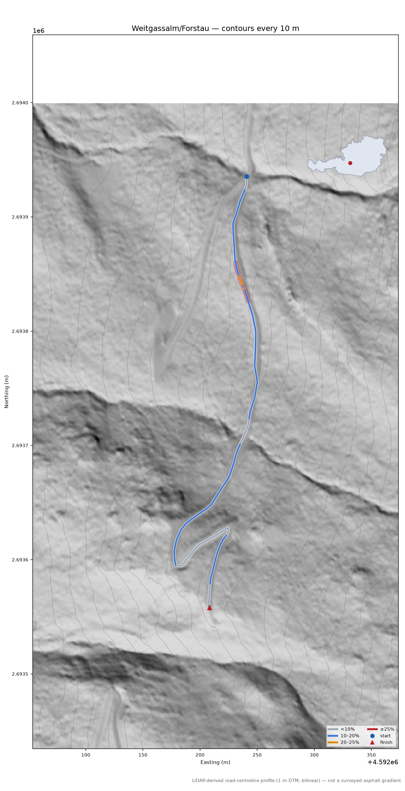 Weitgassalm/Forstau LiDAR hillshade map with contours