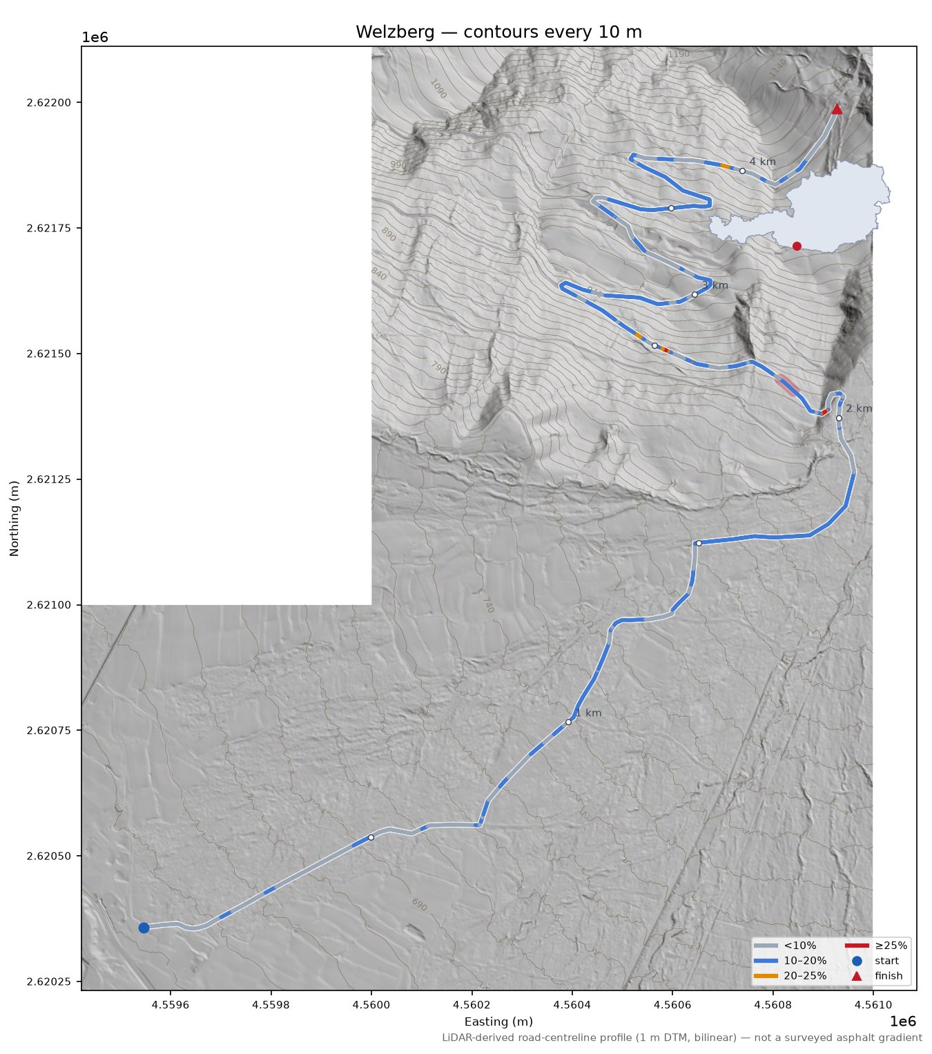 Welzberg LiDAR hillshade map with contours
