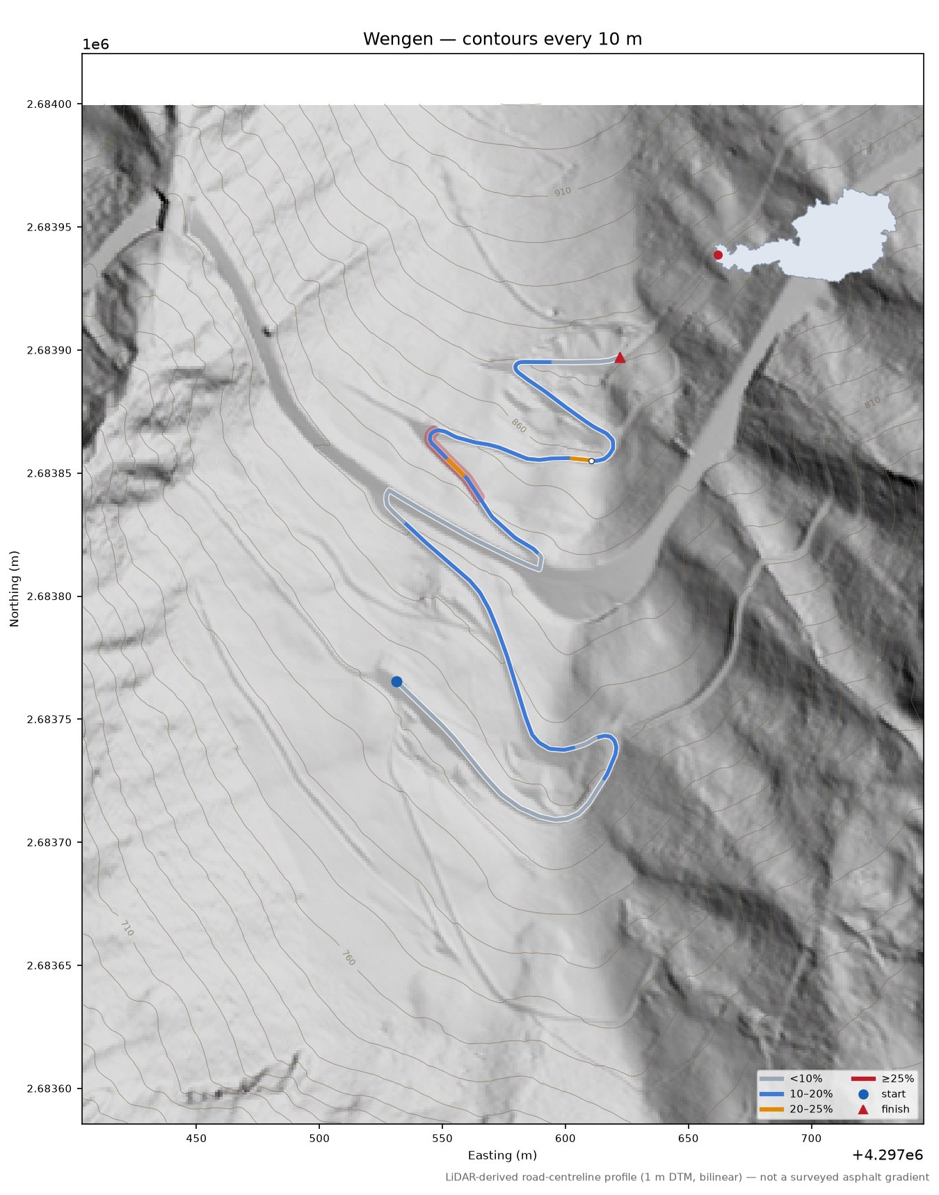 Wengen LiDAR hillshade map with contours