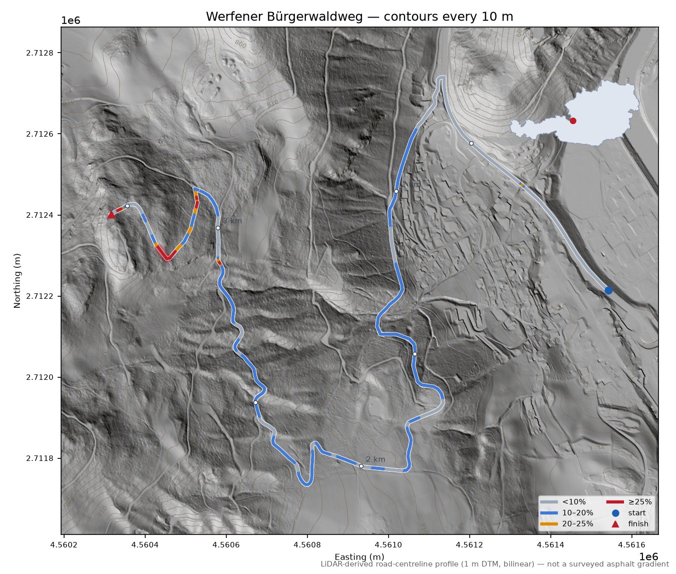 Werfener Bürgerwaldweg LiDAR hillshade map with contours