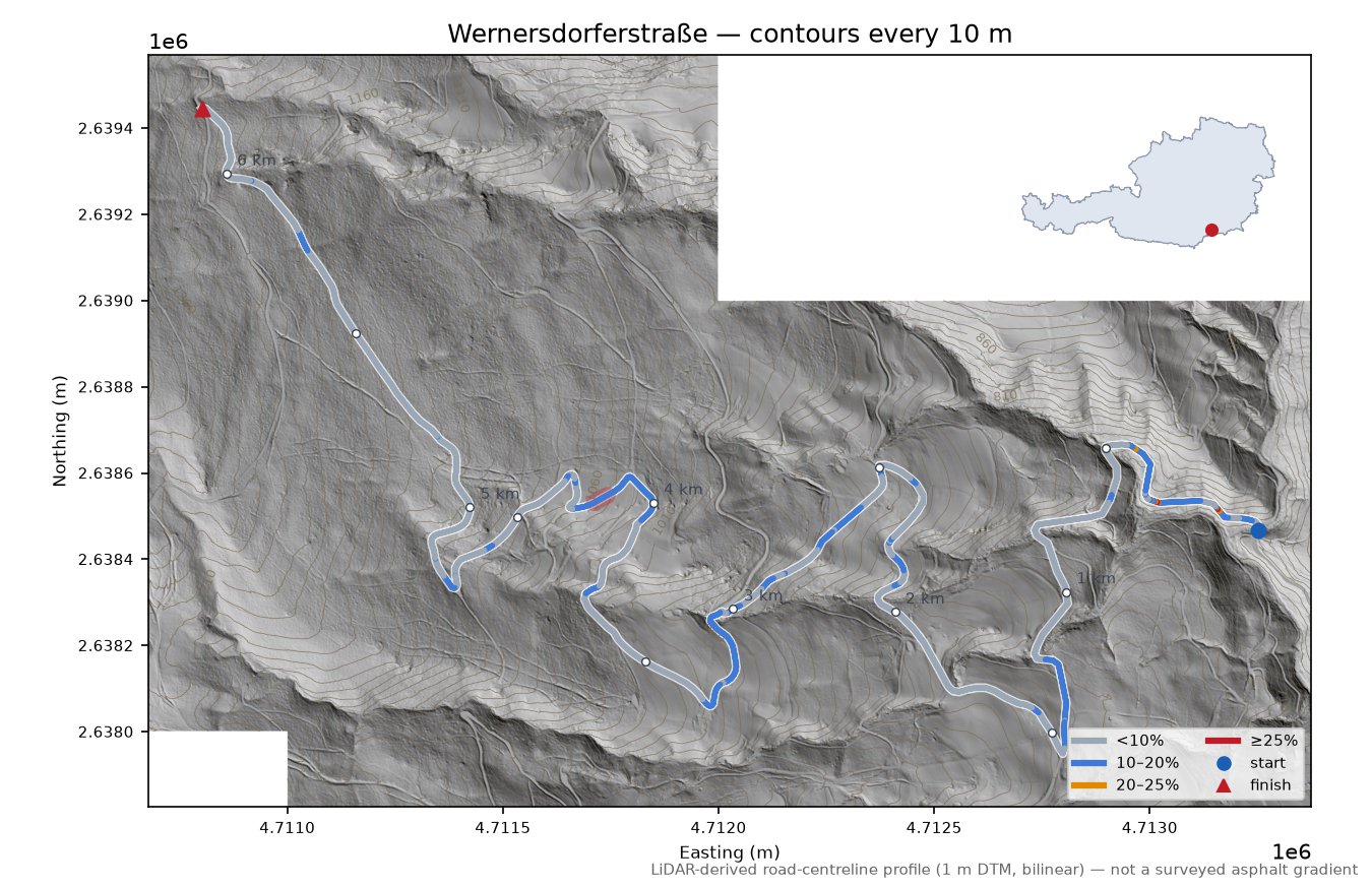 Wernersdorferstraße LiDAR hillshade map with contours