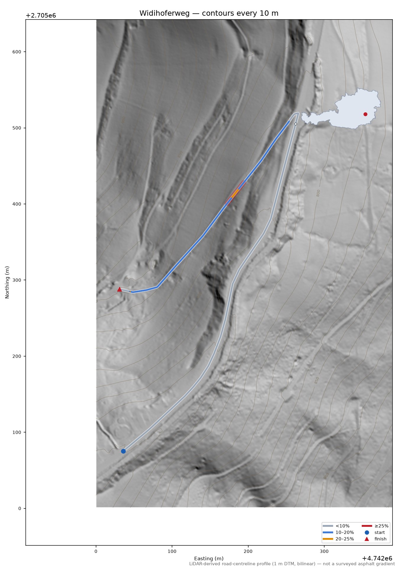 Widihoferweg LiDAR hillshade map with contours