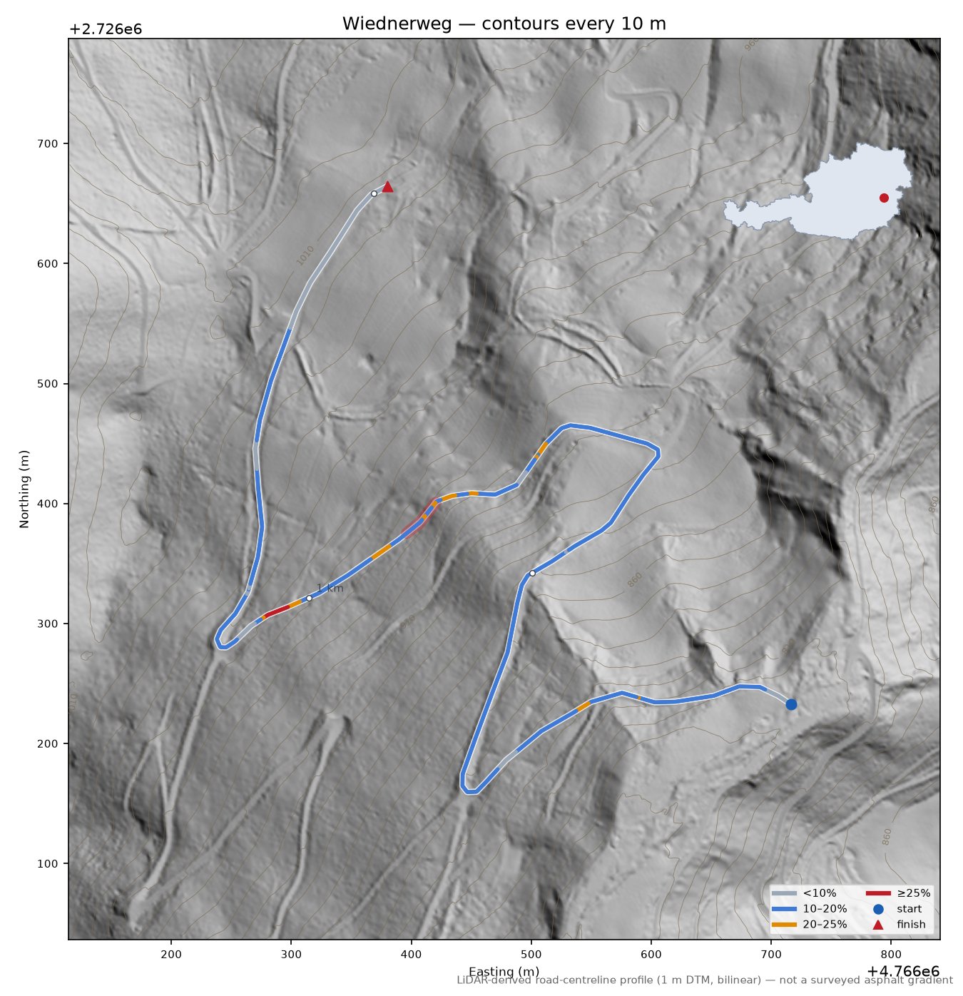 Wiednerweg LiDAR hillshade map with contours