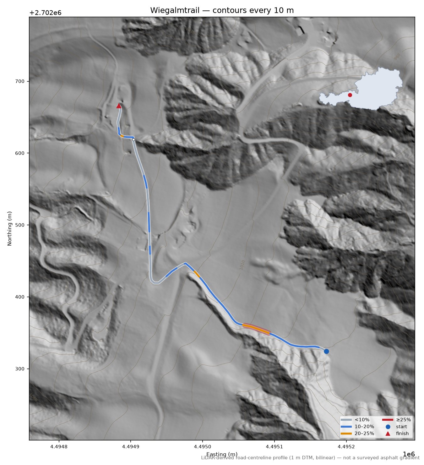 Wiegalmtrail LiDAR hillshade map with contours