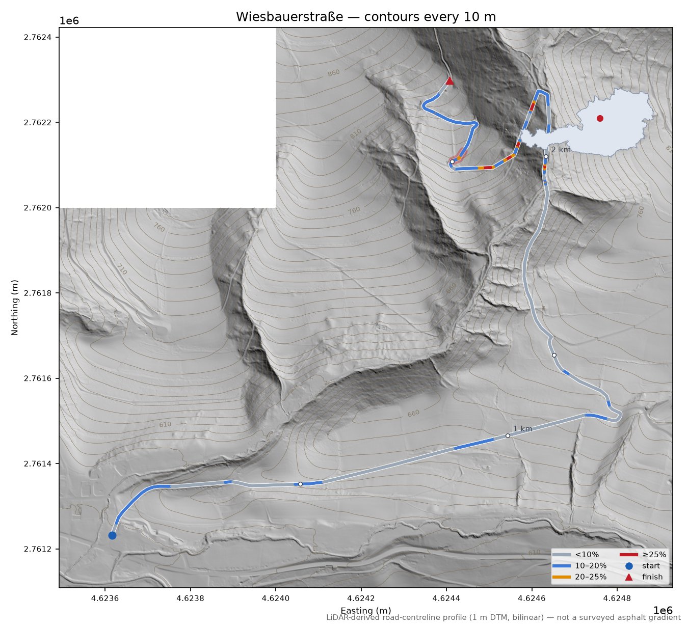 Wiesbauerstraße LiDAR hillshade map with contours