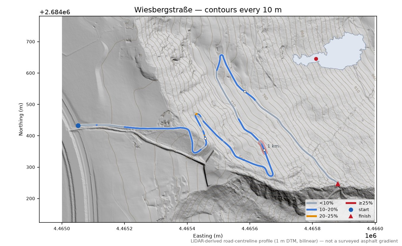 Wiesbergstraße LiDAR hillshade map with contours