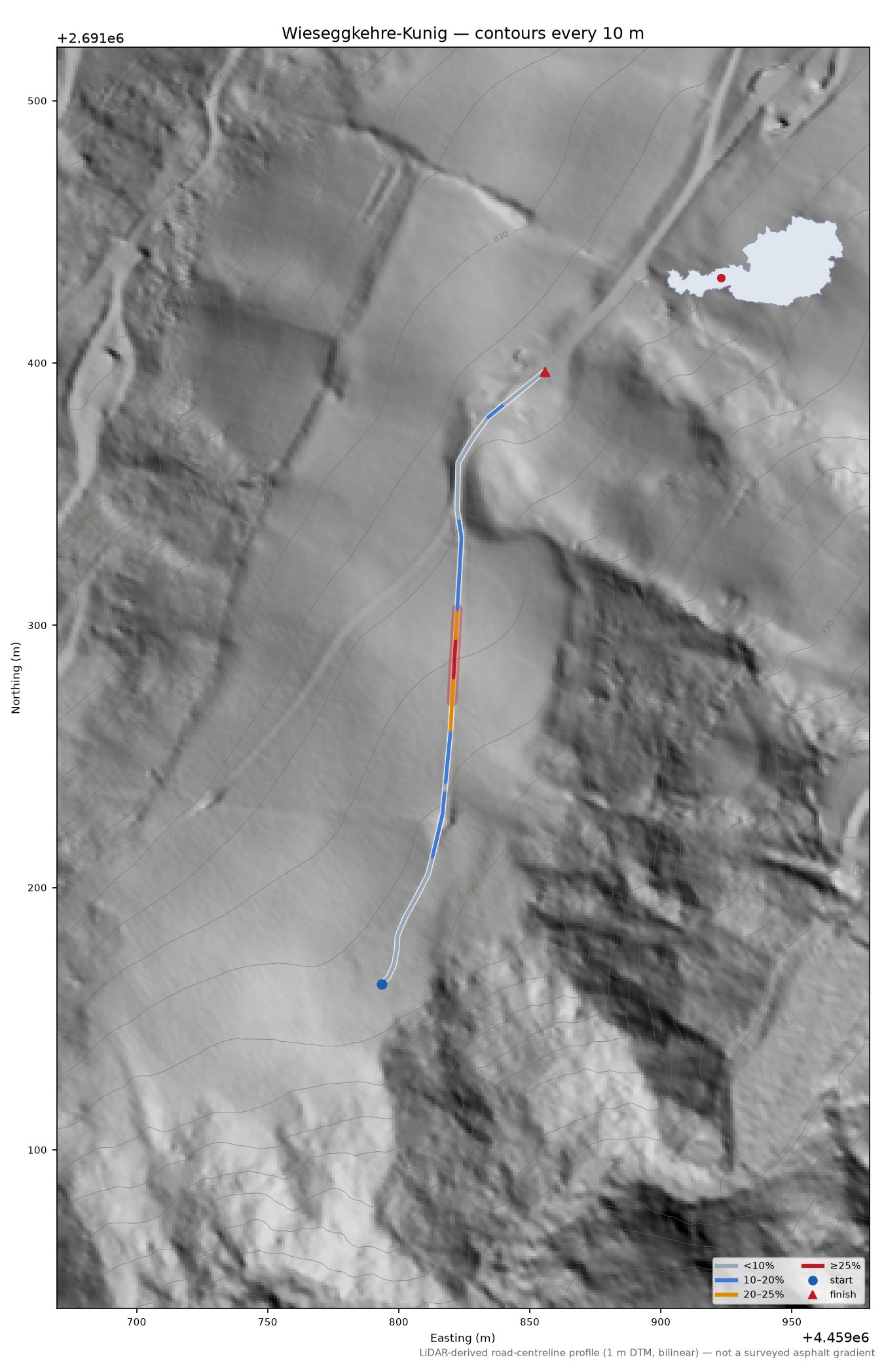 Wieseggkehre-Kunig LiDAR hillshade map with contours