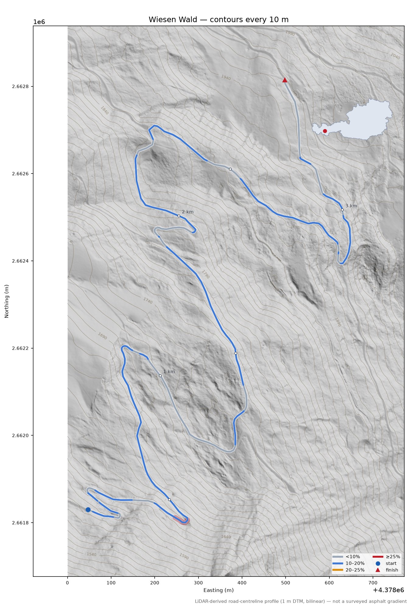 Wiesen Wald LiDAR hillshade map with contours