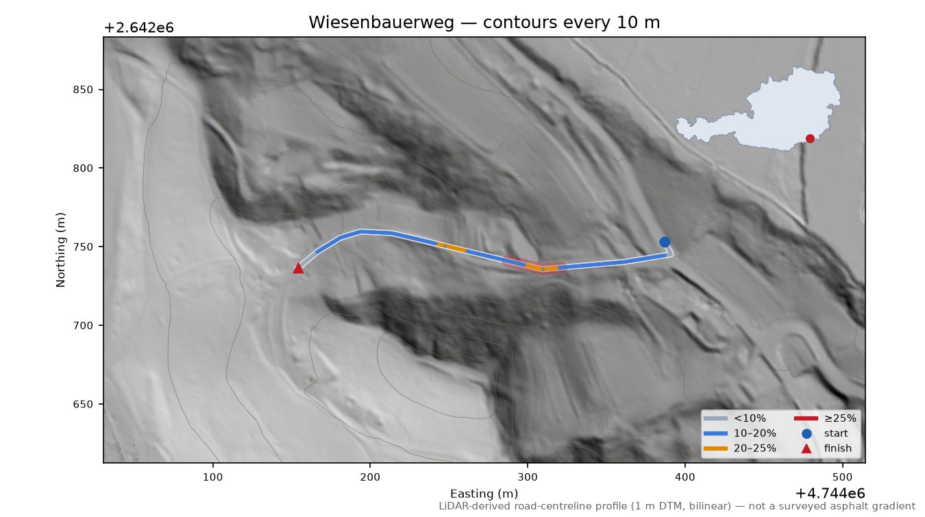 Wiesenbauerweg LiDAR hillshade map with contours