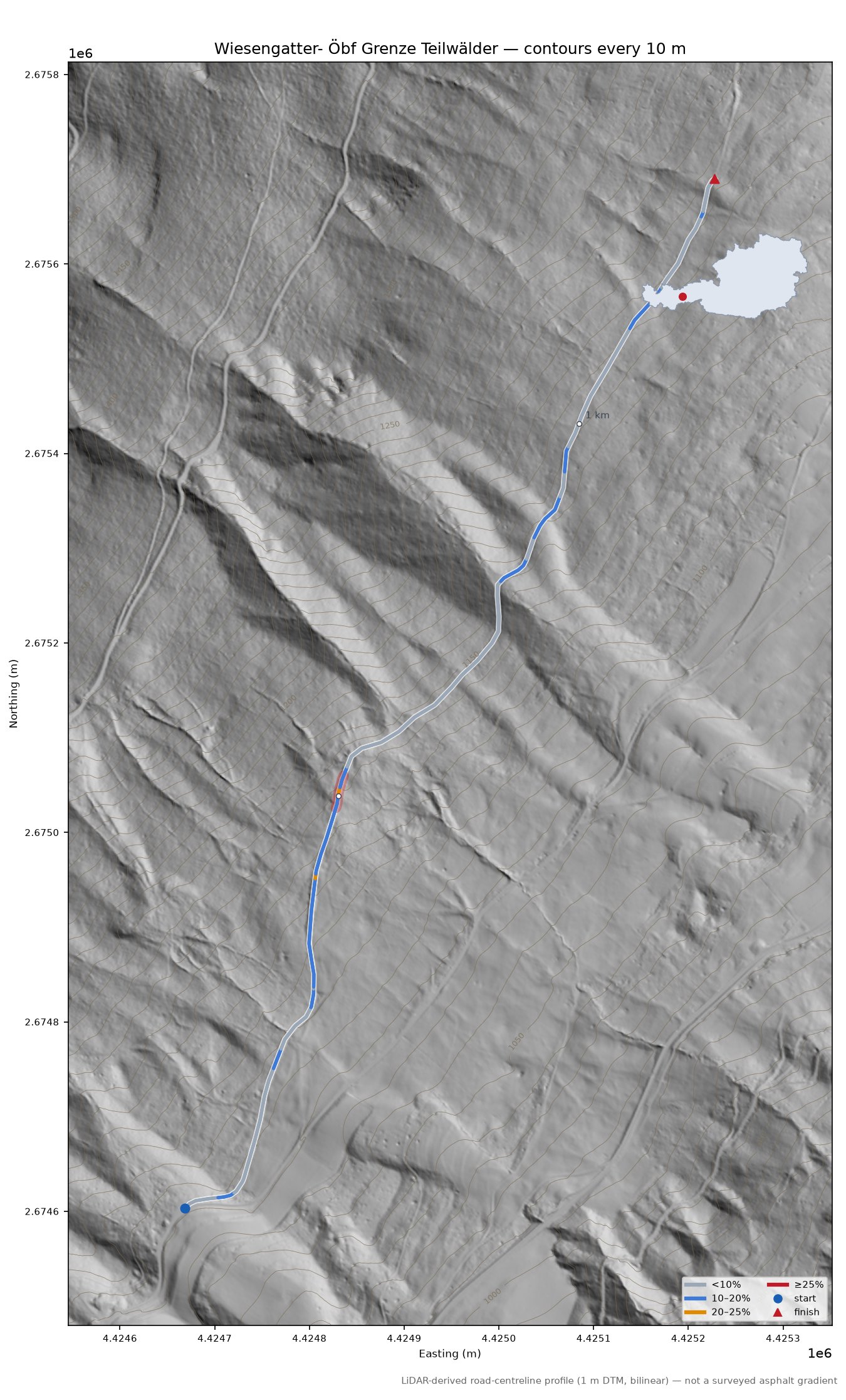 Wiesengatter- Öbf Grenze Teilwälder LiDAR hillshade map with contours