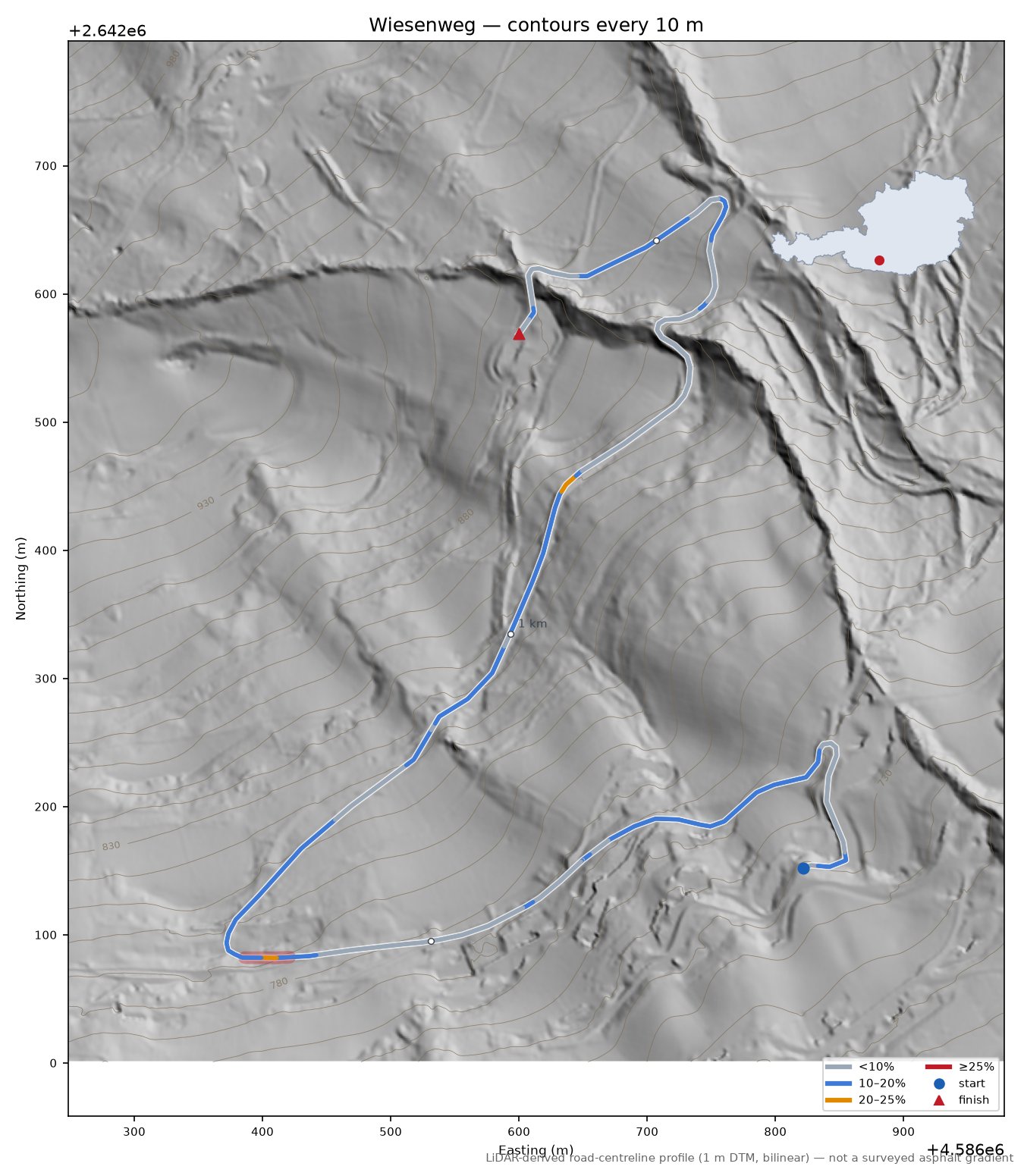Wiesenweg LiDAR hillshade map with contours