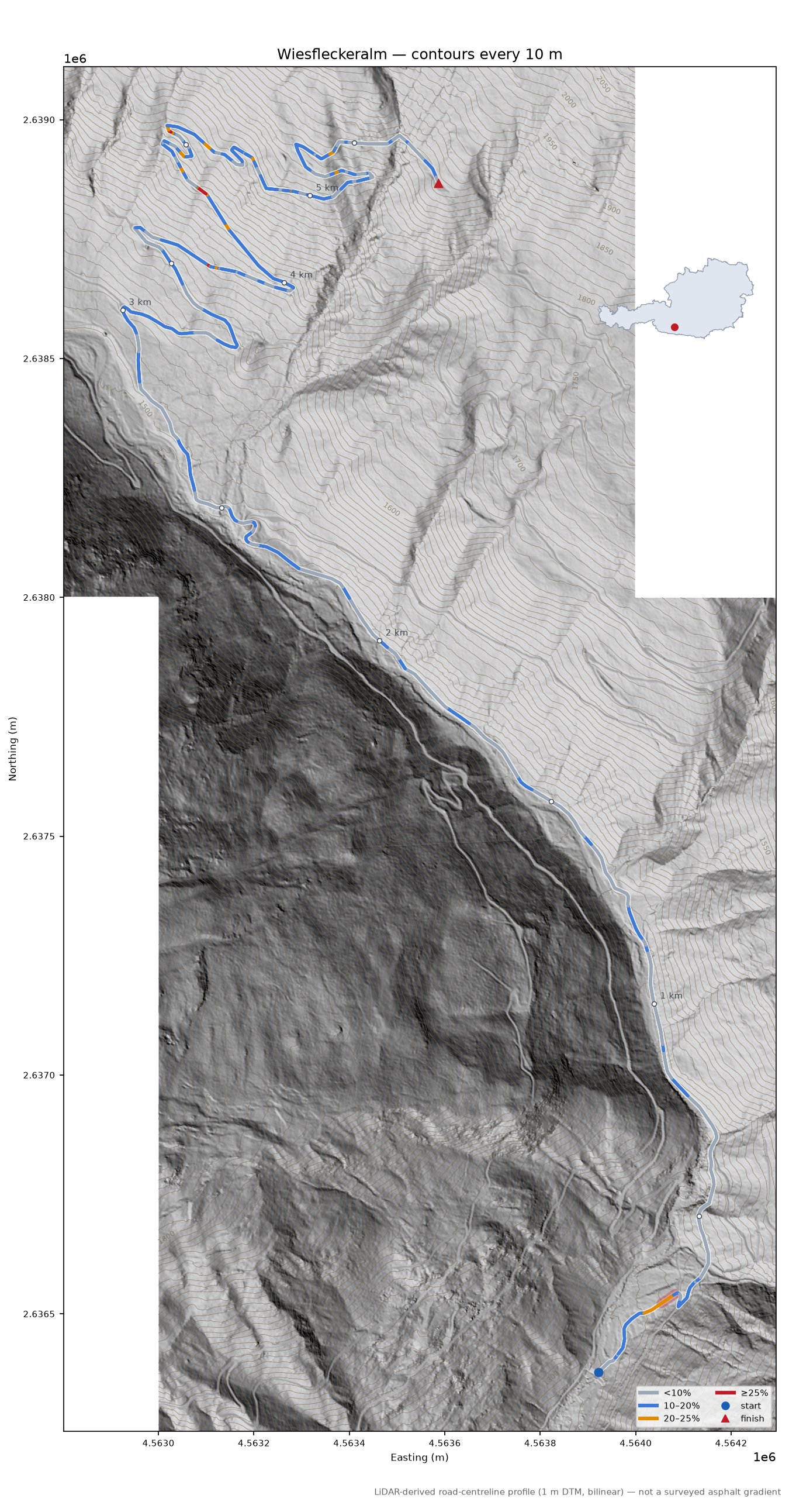 Wiesfleckeralm LiDAR hillshade map with contours