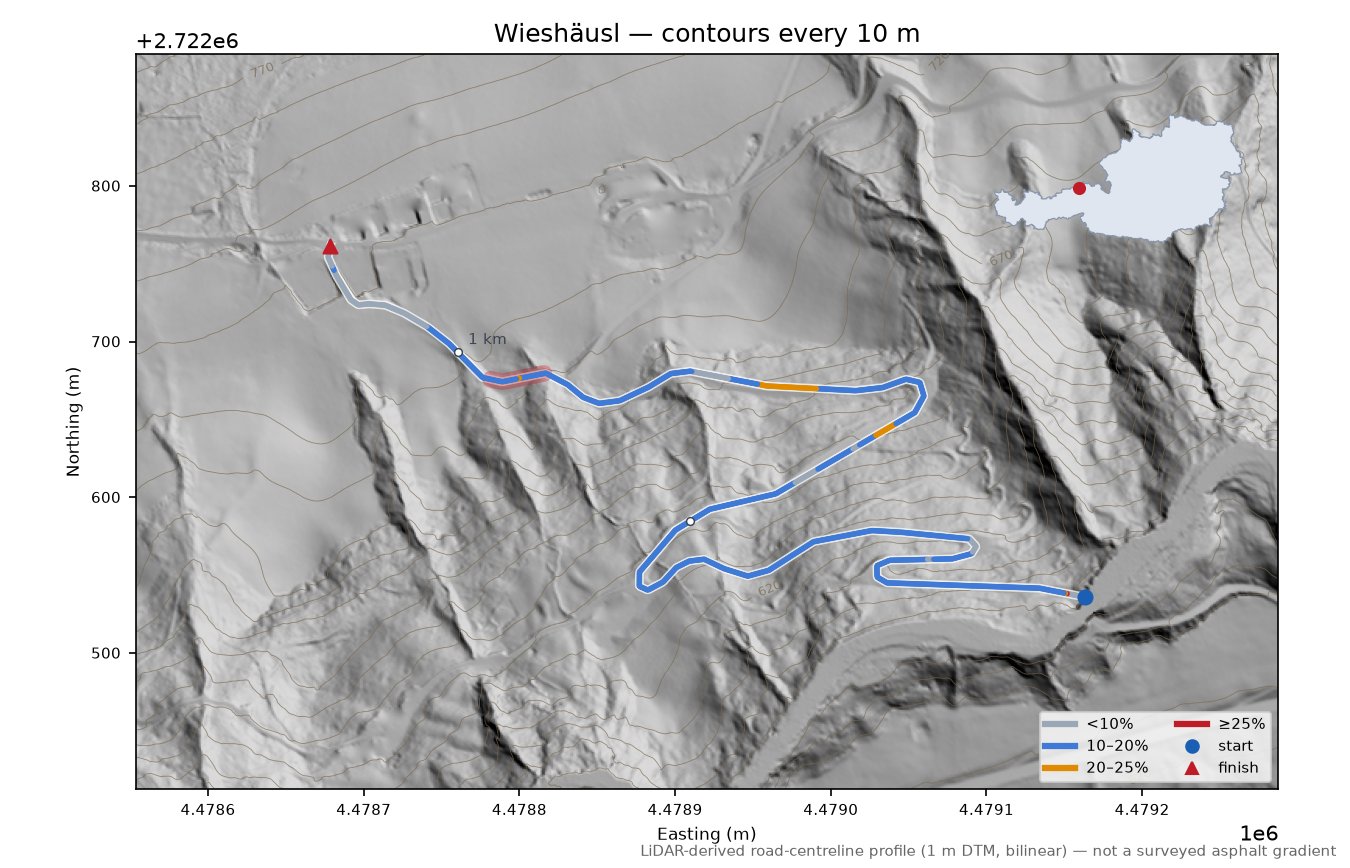 Wieshäusl LiDAR hillshade map with contours