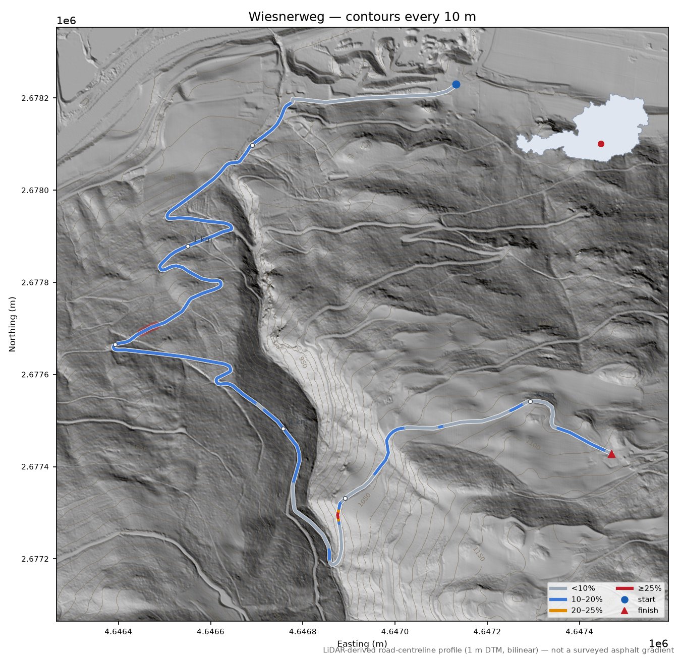 Wiesnerweg LiDAR hillshade map with contours