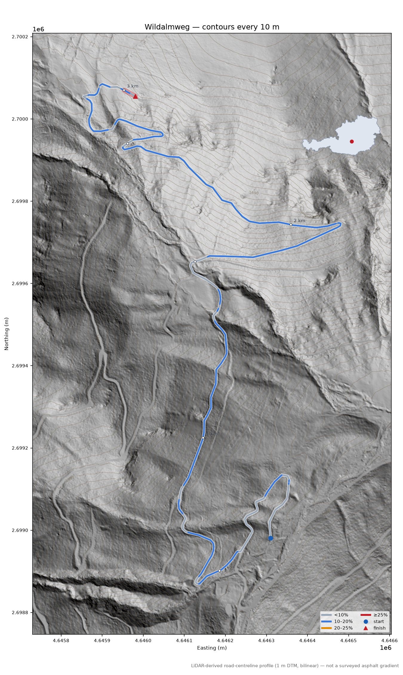 Wildalmweg LiDAR hillshade map with contours