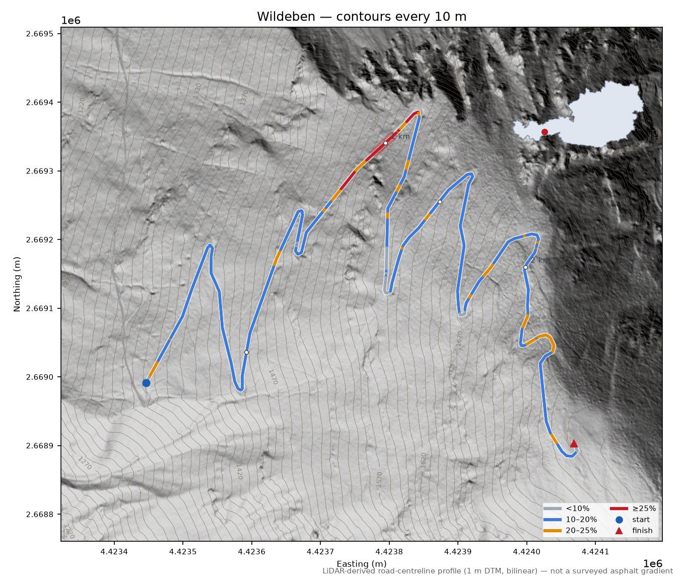 Wildeben LiDAR hillshade map with contours