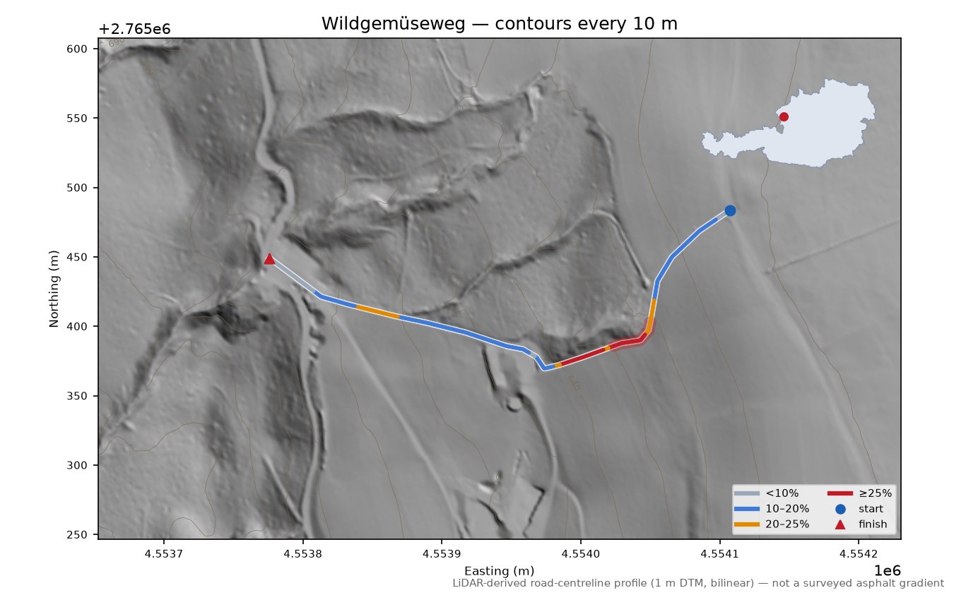 Wildgemüseweg LiDAR hillshade map with contours