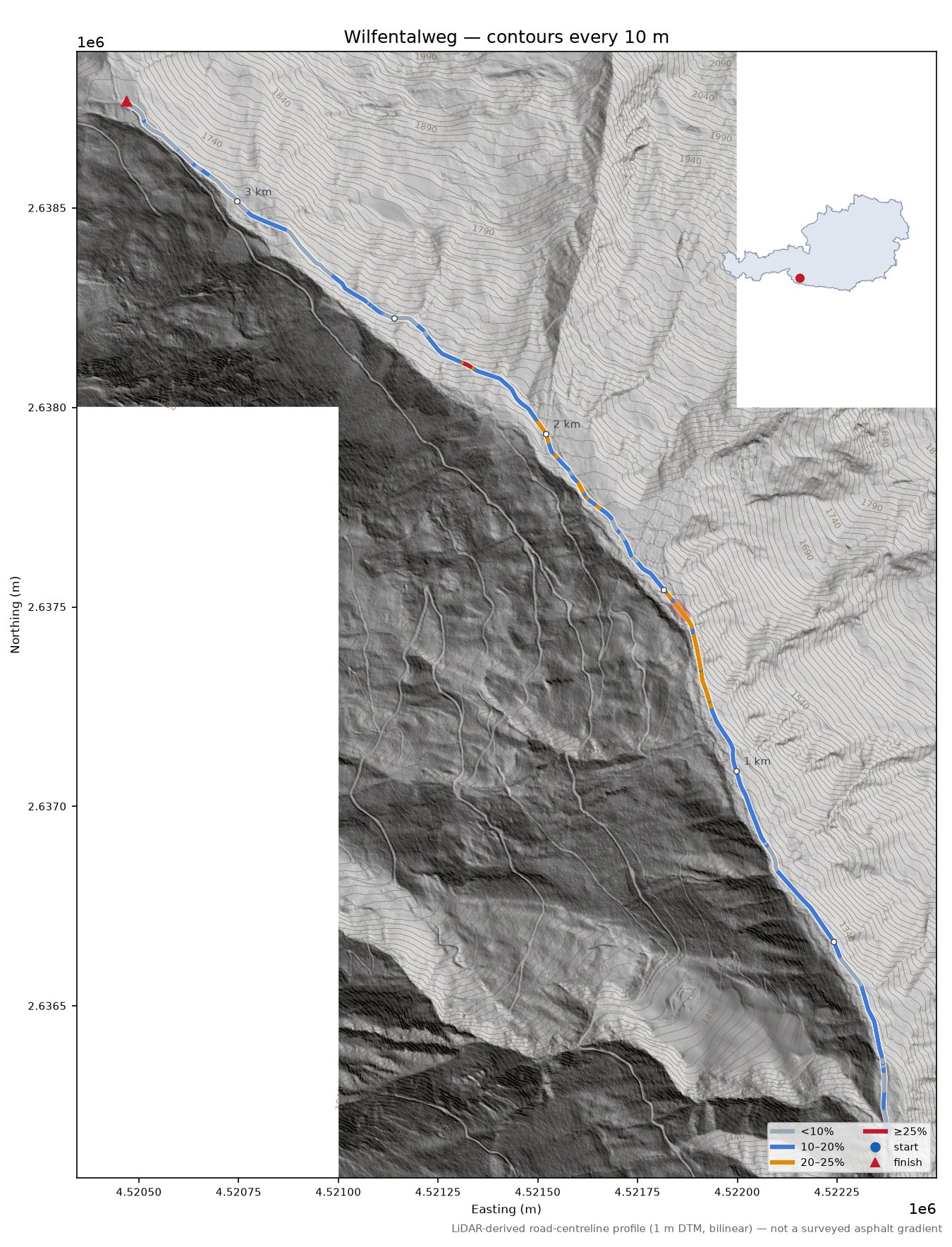 Wilfentalweg LiDAR hillshade map with contours