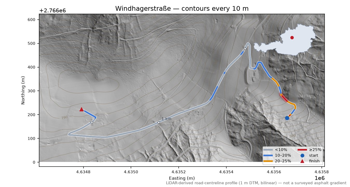 Windhagerstraße LiDAR hillshade map with contours