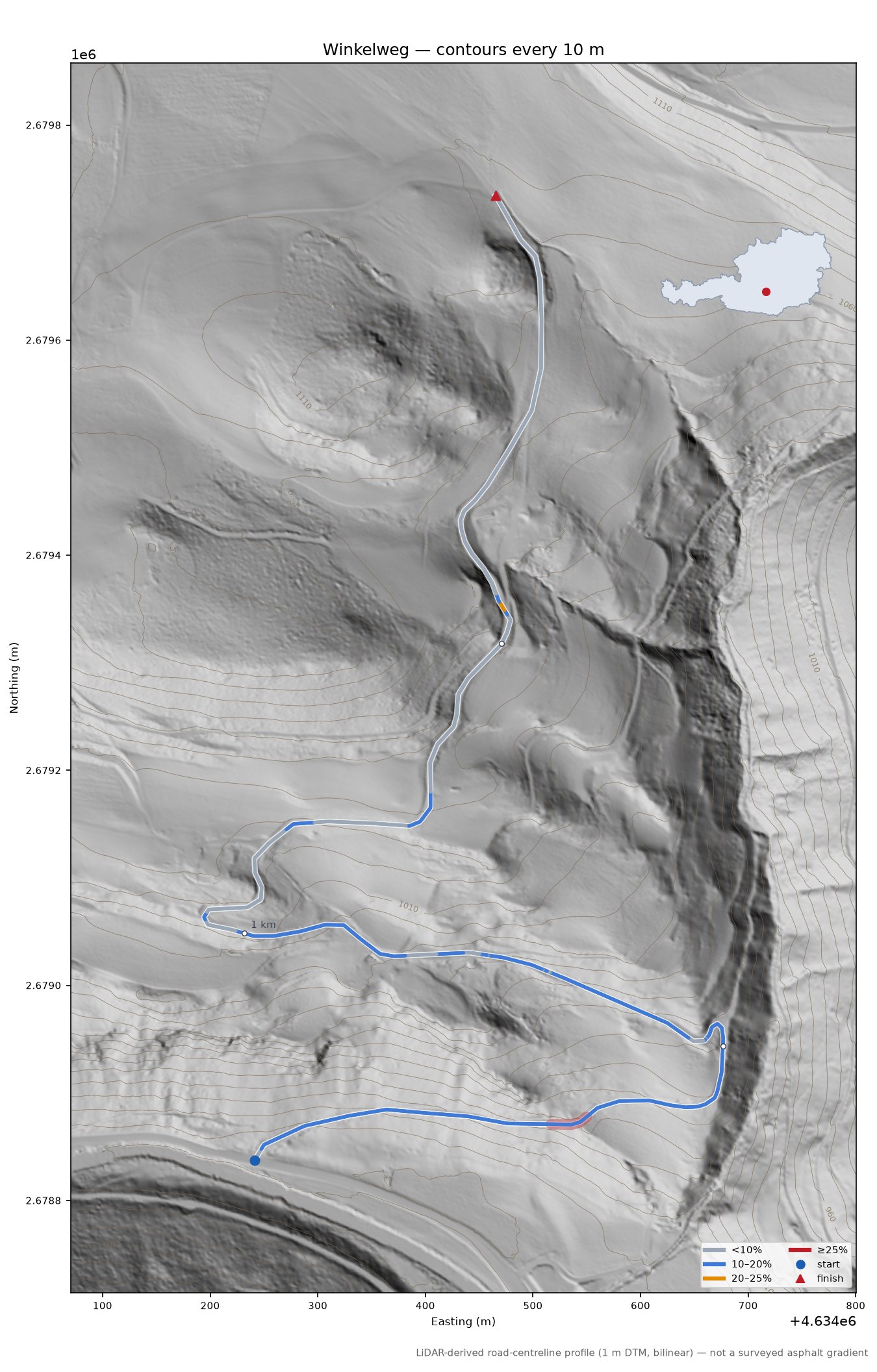 Winkelweg LiDAR hillshade map with contours