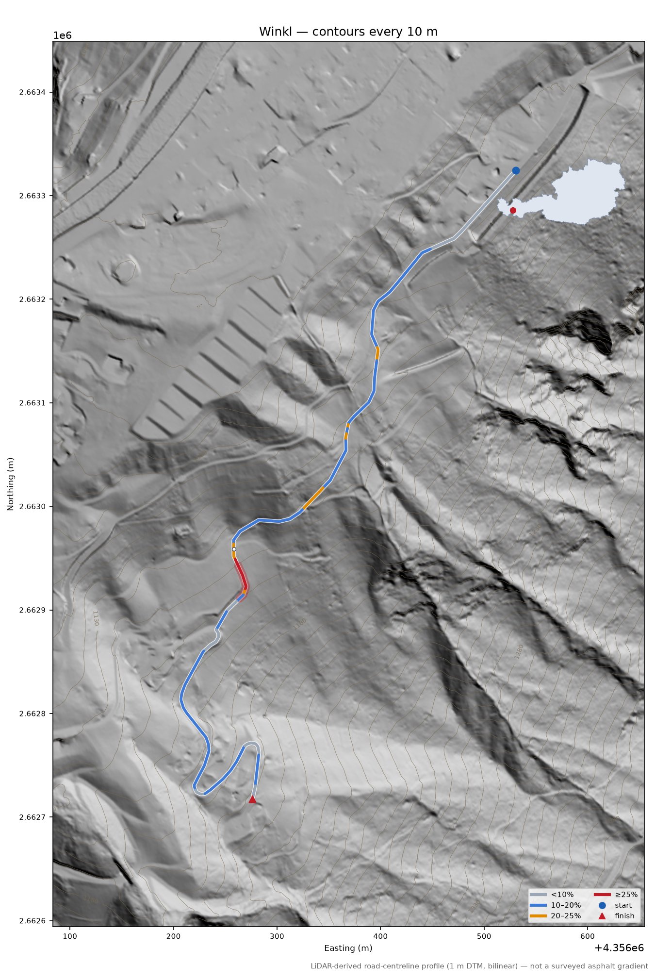 Winkl LiDAR hillshade map with contours